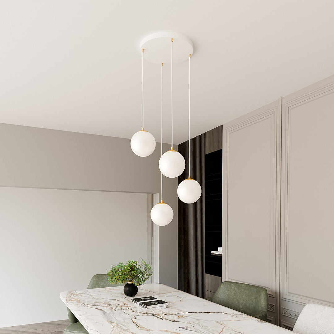 Hanglamp gepoedercoat staal en glas, retro, wit met goud, 4 lichts, 40 x 100 cm, voor keuken en eetkamer
