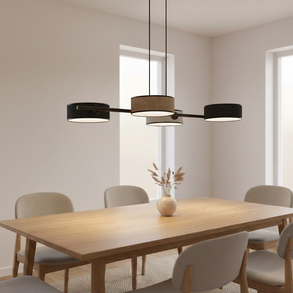 Hanglamp gepoedercoat staal Japandi zwart, 4 geweven kappen Ø 20 cm, 4 x E14 – eettafel en keukeneiland