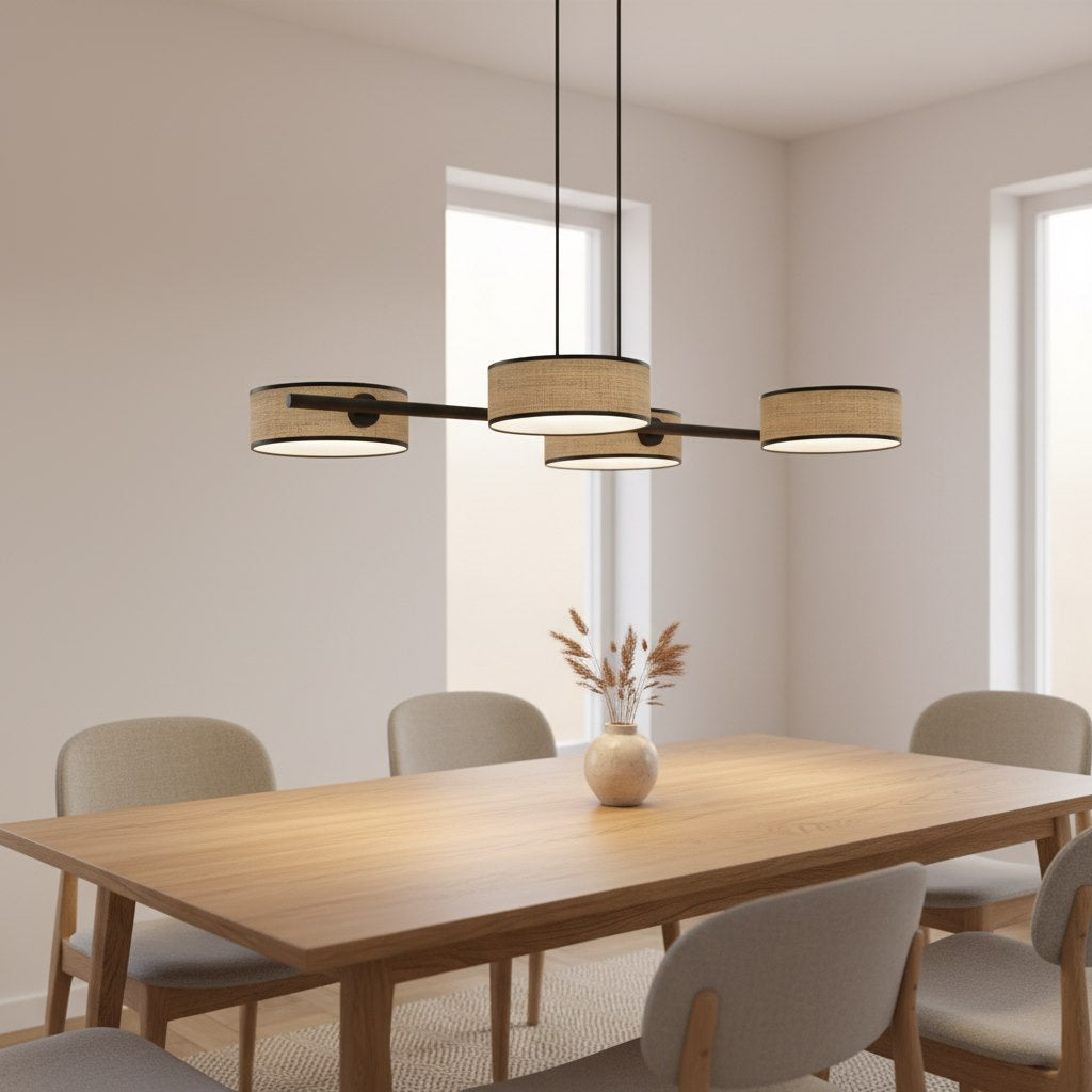 Hanglamp rotan gepoedercoat staal Drumz Japandi zwart, 4 kappen Ø 20 cm – 80 x 46 x 120 cm, eettafel en keukeneiland