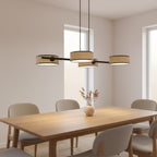 Hanglamp rotan gepoedercoat staal Drumz Japandi zwart, 4 kappen Ø 20 cm – 80 x 46 x 120 cm, eettafel en keukeneiland