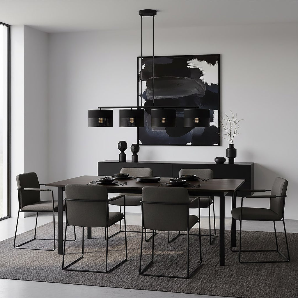 Hanglamp staal met stoffen kap Karbon, minimalistisch, zwart, 4 lichtpunten, 96 cm breed, eettafel en keukeneiland