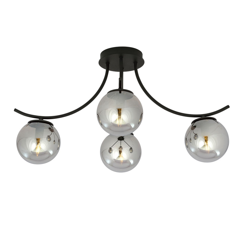 Plafondlamp gepoedercoat staal en glas Boston, zwart met grafiet glazen kappen, 4 lichts, 70 x 37 cm, E14