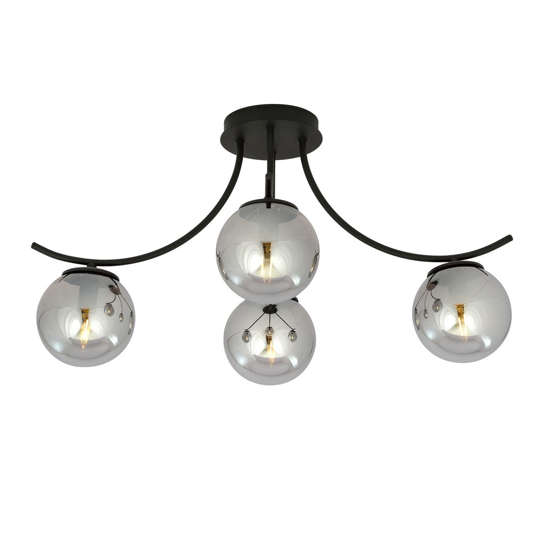 Plafondlamp gepoedercoat staal en glas Boston, zwart met grafiet glazen kappen, 4 lichts, 70 x 37 cm, E14