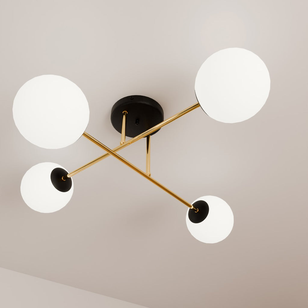 Plafondlamp Magnum gepoedercoat staal en glas, glamour, zwart en goud met witte kappen, 4 lichts, E14