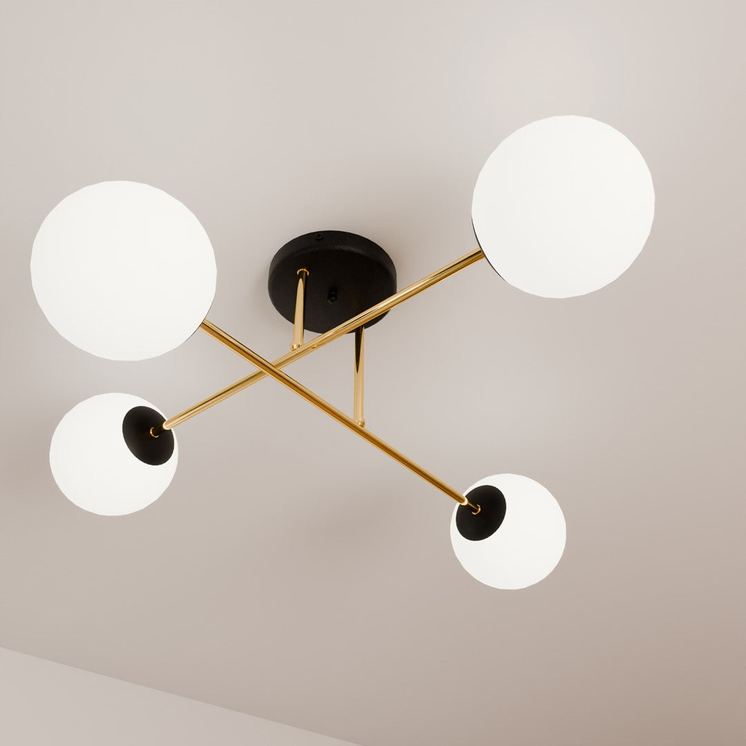Plafondlamp Magnum gepoedercoat staal en glas, glamour, zwart en goud met witte kappen, 4 lichts, E14