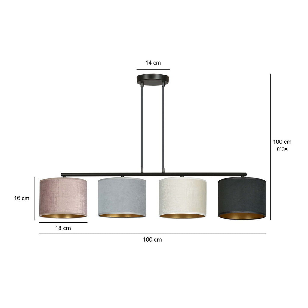 Hanglamp gepoedercoat staal met stoffen kappen Hilde, zwart, grijs, roze, 4 lichts, 97 x 100 cm