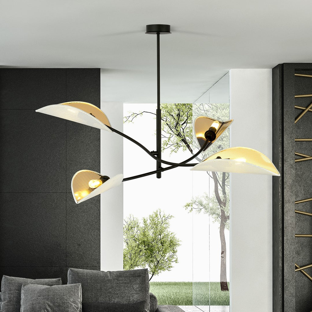 Plafondlamp Lotus gepoedercoat staal met stoffen kappen, zwart, wit en goud, 4 lichts, 102 x 51 cm, woonkamer