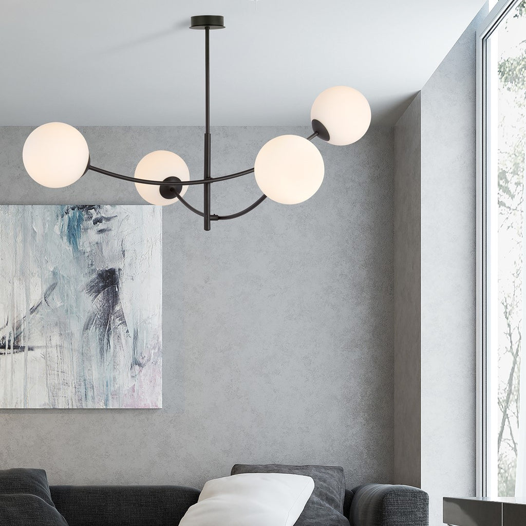 Plafondlamp gepoedercoat staal en glas Hunter, modern, zwart met witte kappen, 4 lichtpunten E14