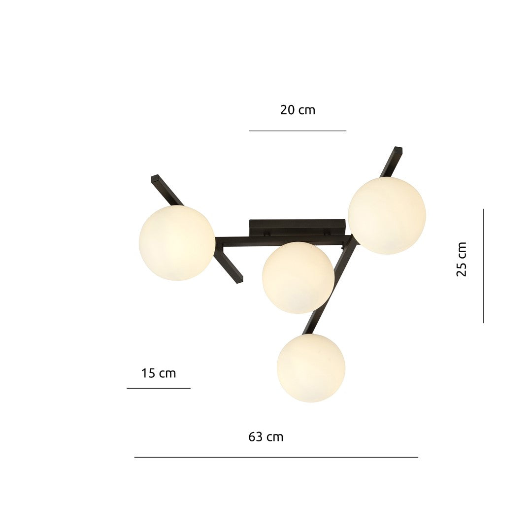 Plafondlamp gepoedercoat staal en glas Smart 4 lichts, zwart met witte kappen, 63 x 25 cm