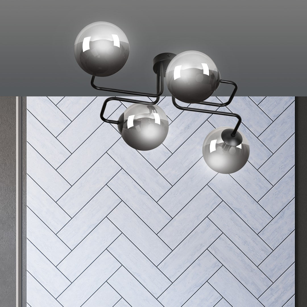 Plafondlamp gepoedercoat staal en glas Brendi, zwart met grafiet glazen kappen, 4 lichts, 55 x 32 cm