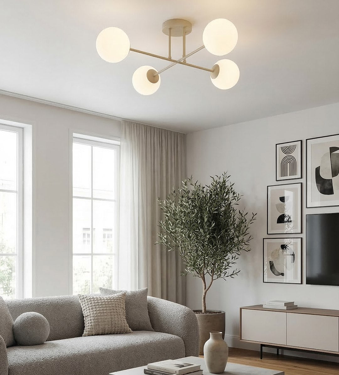 Plafondlamp gepoedercoat staal en glas Roma modern, beige met witte glazen kappen, 4 x E14, 55 cm