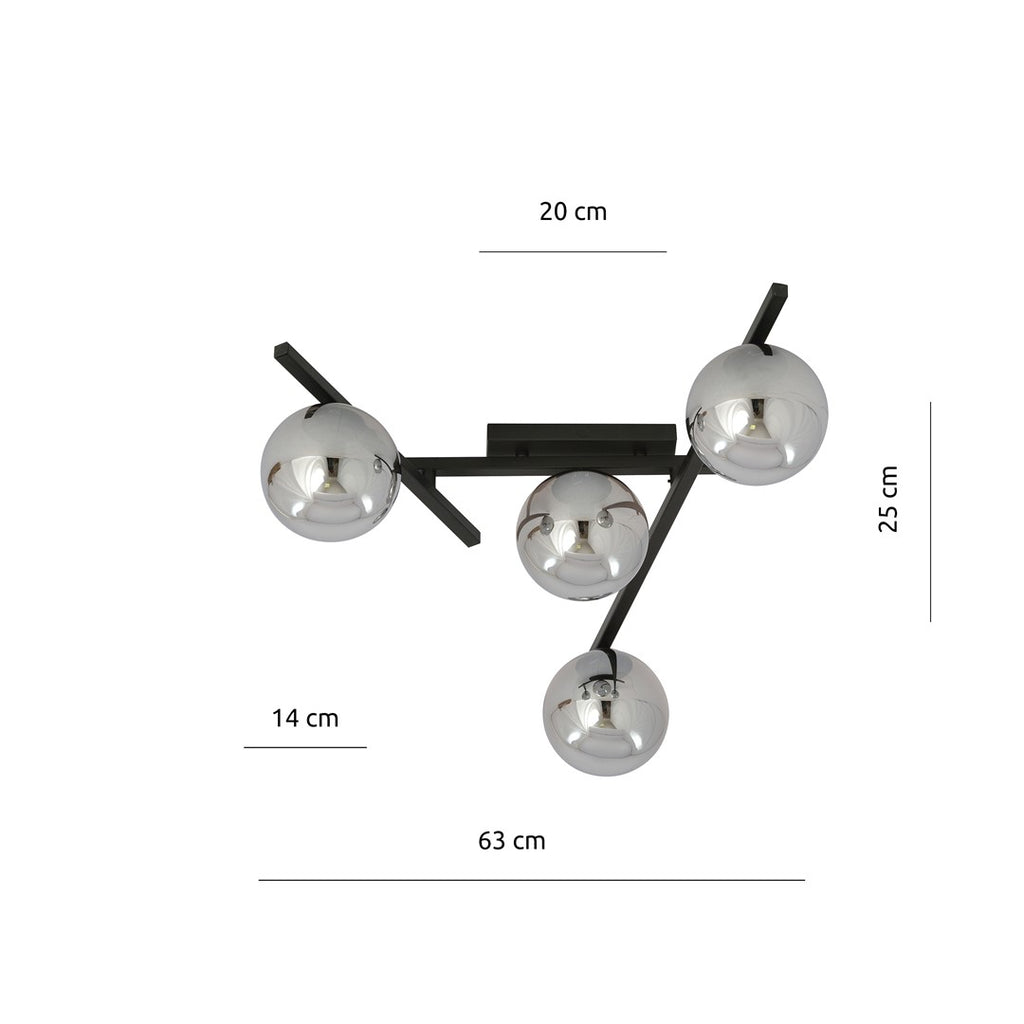 Plafondlamp staal en glas Smart 4 lichts, zwart met grafiet glazen kappen, 63 x 25 cm, E14