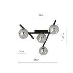 Plafondlamp staal en glas Smart 4 lichts, zwart met grafiet glazen kappen, 63 x 25 cm, E14
