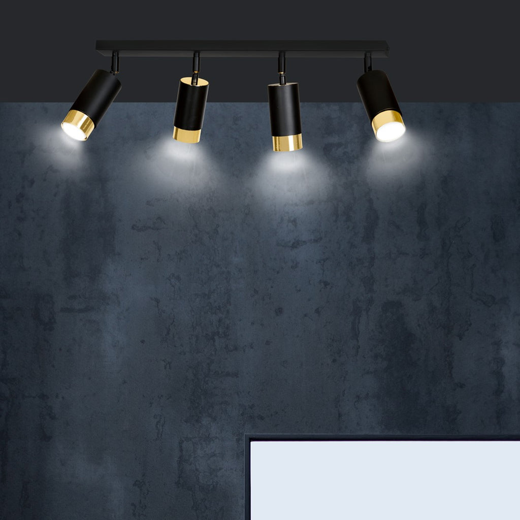 Plafondlamp gepoedercoat staal Hiro zwart en goud, 4 verstelbare spots – 60 cm breed