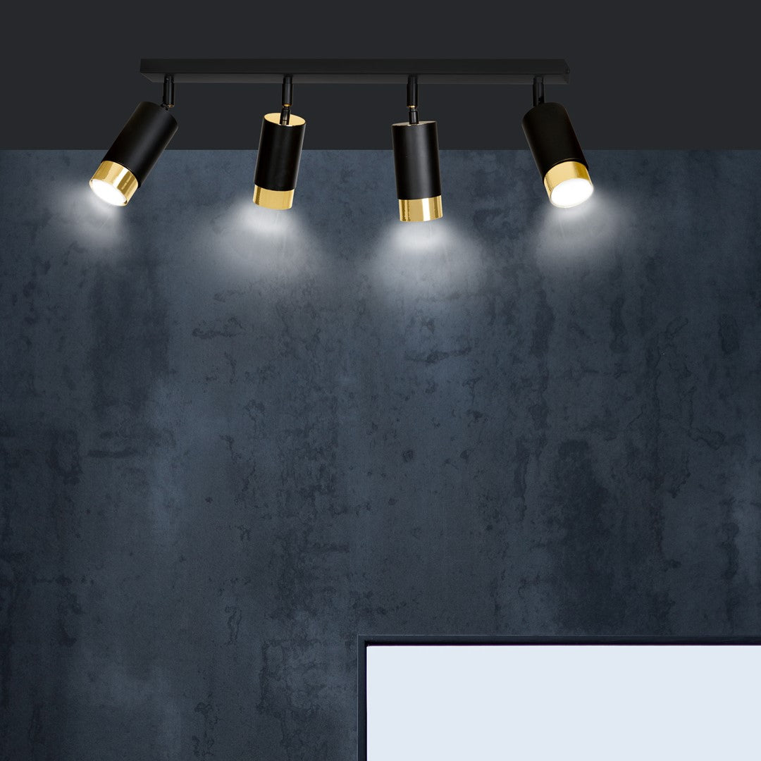 Plafondlamp gepoedercoat staal Hiro zwart en goud, 4 verstelbare spots – 60 cm breed