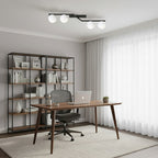 Plafondlamp gepoedercoat staal Naton modern zwart met 4 matte witte bolkappen, 100 x 32 x 20 cm, woonkamer, eetkamer en hal