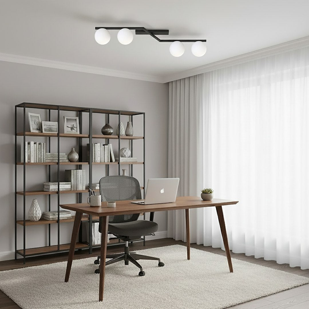 Plafondlamp gepoedercoat staal Naton modern zwart met 4 matte witte bolkappen, 100 x 32 x 20 cm, woonkamer, eetkamer en hal