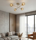 Plafondlamp gepoedercoat staal en glas Roma, beige met amber glazen kappen, 4 lichts, 55 cm breed, woonkamer