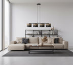 Hanglamp 4 lichts gepoedercoat staal minimalistisch Karbon, zwart met bruine stoffen kappen, 96 cm breed