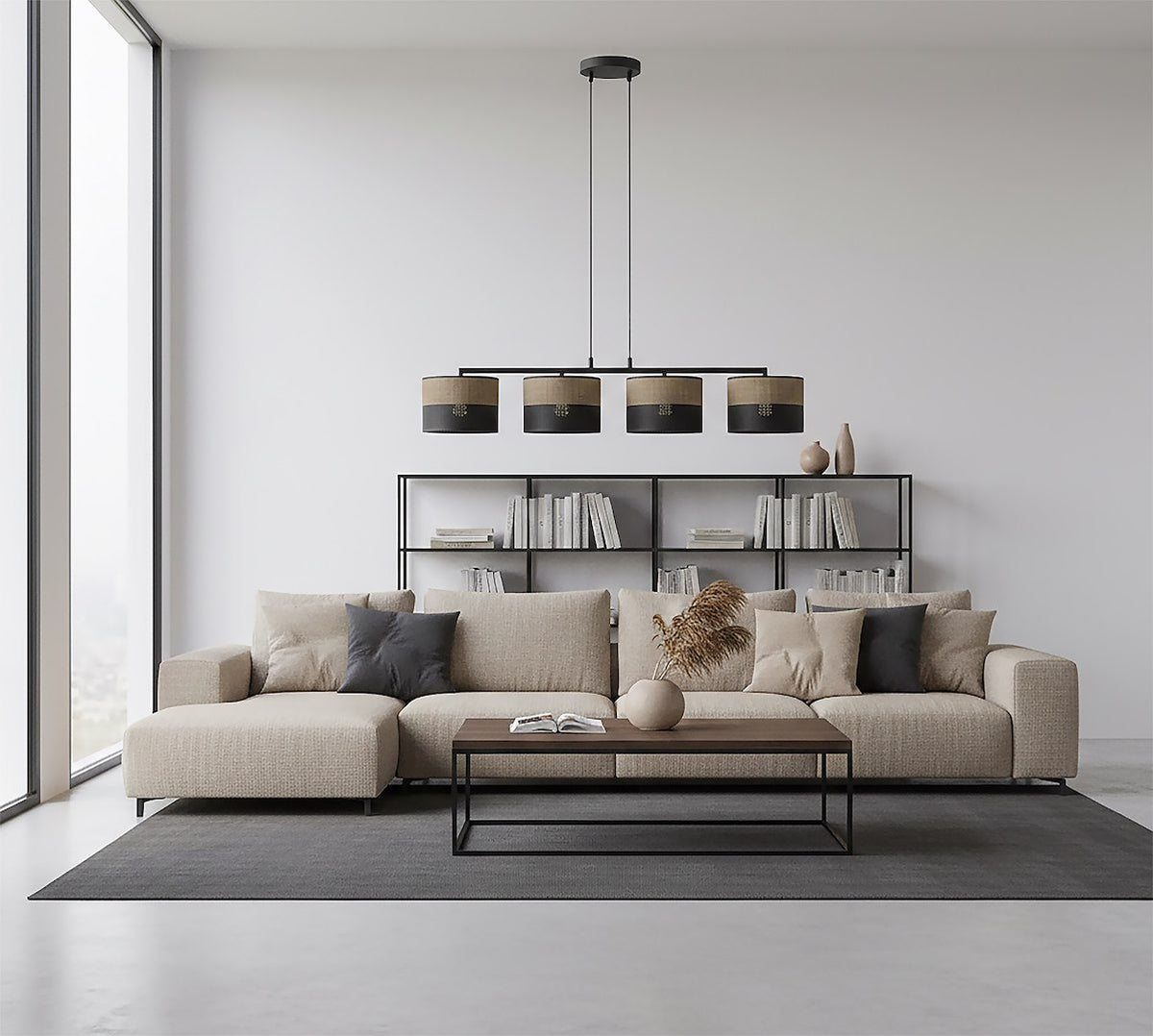 Hanglamp 4 lichts gepoedercoat staal minimalistisch Karbon, zwart met bruine stoffen kappen, 96 cm breed