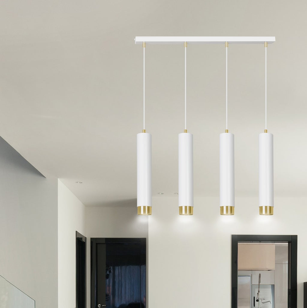 Hanglamp 4 lichts gepoedercoat staal Kibo modern wit met goud, 60 cm breed, voor woonkamer, keuken of werkplek