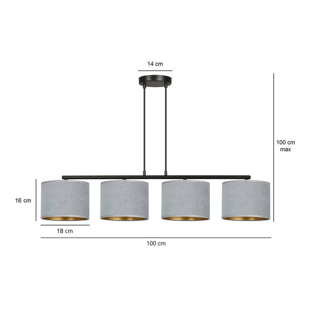Hanglamp gepoedercoat staal en stof Hilde, grijs met zwart frame, 4 kappen Ø 20 cm – 97 x 100 cm