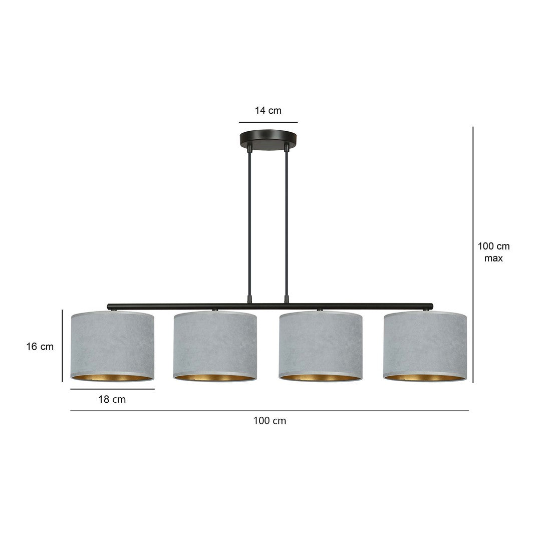Hanglamp gepoedercoat staal en stof Hilde, grijs met zwart frame, 4 kappen Ø 20 cm – 97 x 100 cm