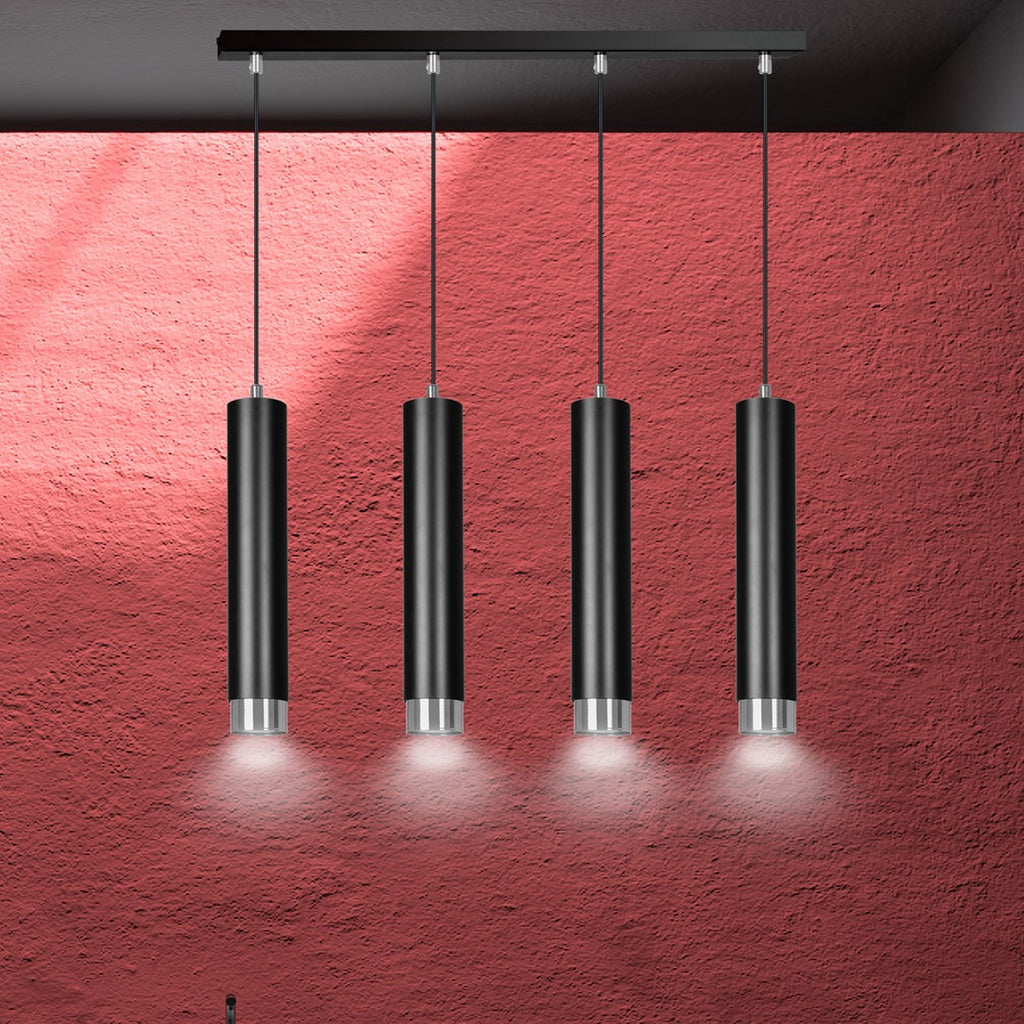 Hanglamp 4-lichts gepoedercoat staal Kibo, zwart met chroom, 60 cm breed, hoogte verstelbaar, eettafel en keuken