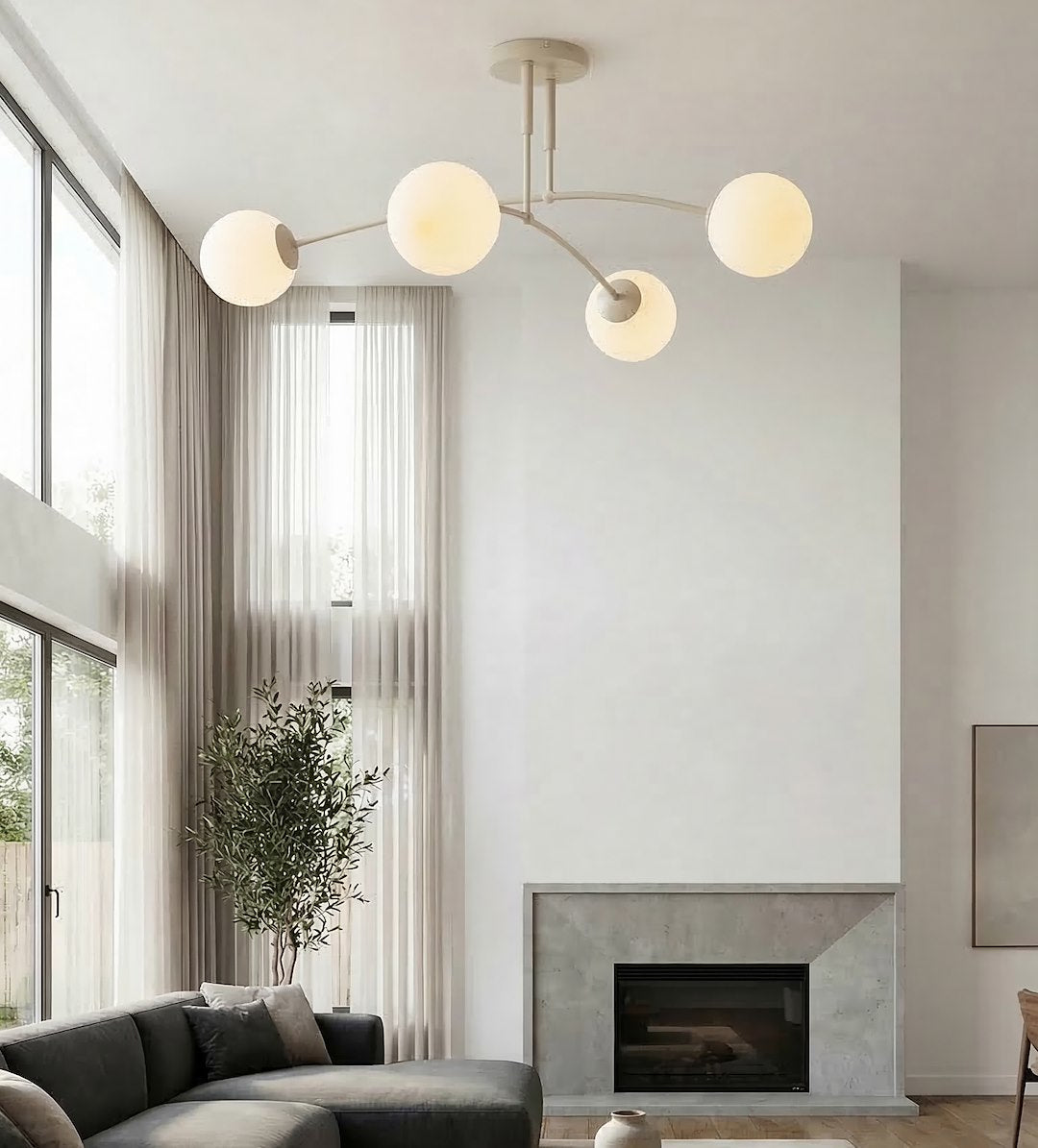 Plafondlamp staal en glas beige modern, 4 witte glazen bollen Ø 14 cm, 60 x 60 cm voor woonkamer