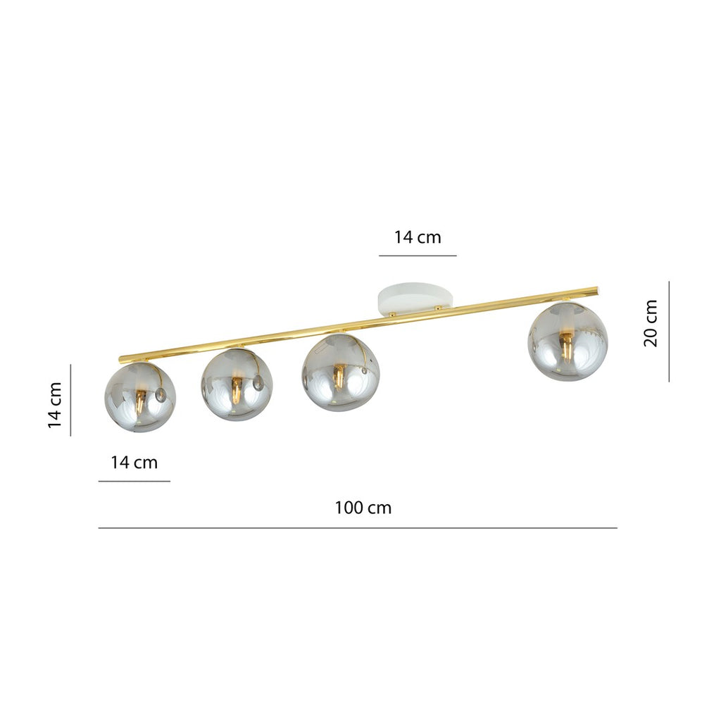 Plafondlamp Monza gepoedercoat staal en glas, modern, wit en goud met grafiet kappen, 4 lichts, E14 – 100 cm