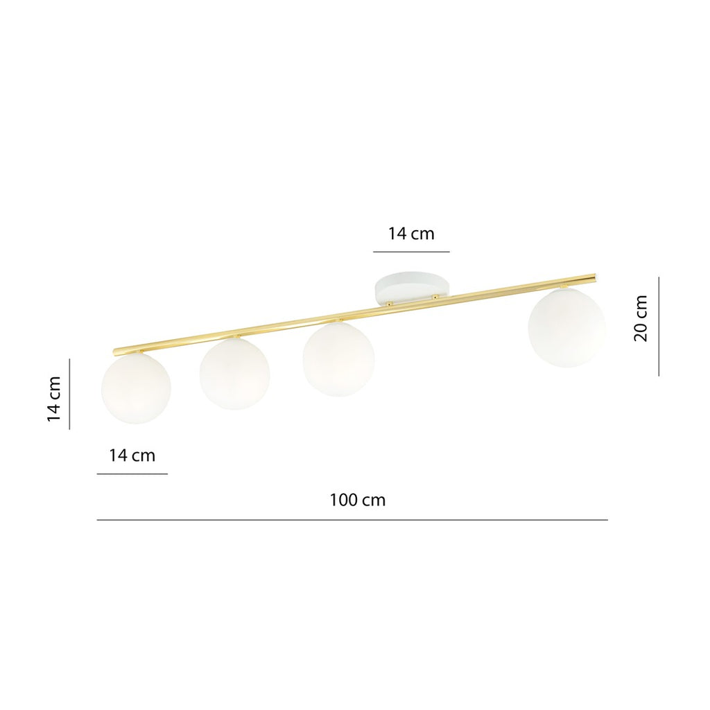 Plafondlamp Monza 4 lichts gepoedercoat staal en glas, wit met goud, modern – 100 cm breed