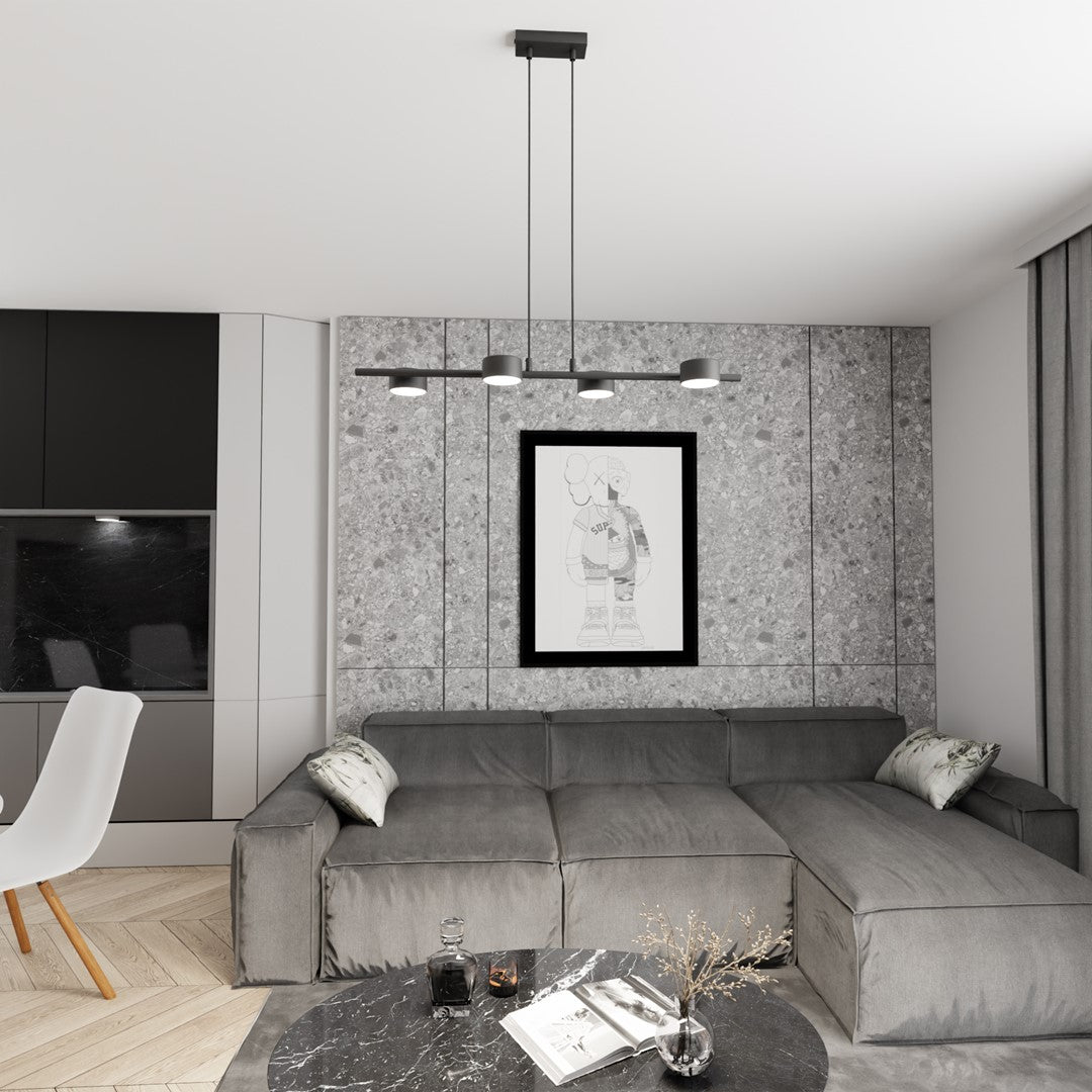 Hanglamp gepoedercoat staal modern Sora, zwart, 80 x 19 x 140 cm, 4 lichtpunten voor eetkamer, keuken en kantoor