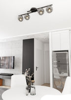 Plafondlamp gepoedercoat staal modern Kairo, zwart met grafiet glazen kappen, 4 lichts, 87 x 29 cm, woonkamer