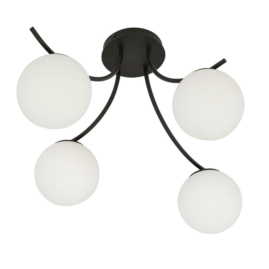Plafondlamp gepoedercoat staal en glas Boston zwart, witte glazen kappen, 70 x 37 cm, 4 lichts E14