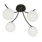Plafondlamp gepoedercoat staal en glas Boston zwart, witte glazen kappen, 70 x 37 cm, 4 lichts E14