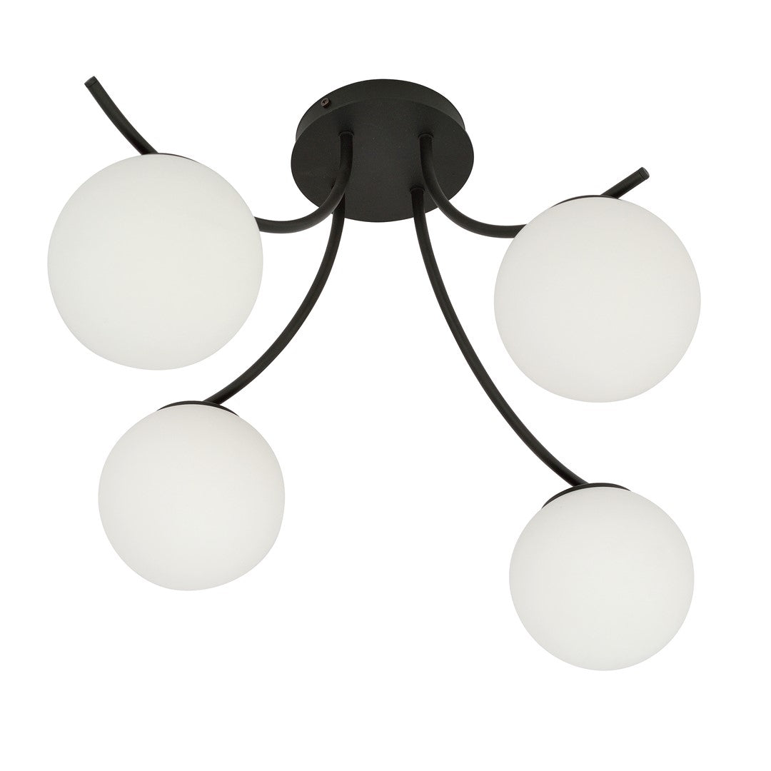 Plafondlamp gepoedercoat staal en glas Boston zwart, witte glazen kappen, 70 x 37 cm, 4 lichts E14