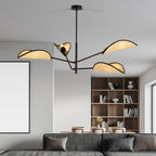 Plafondlamp rotan en gepoedercoat staal Vene, zwart met naturel kappen, 4 lichtpunten, 102 x 51 cm, woonkamer en slaapkamer