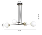 Hanglamp Ognis gepoedercoat staal en glas, glamour, zwart met witte glazen kappen, 4 lichts E27, 75 x 100 cm