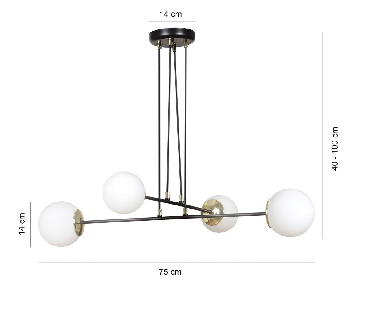 Hanglamp Ognis gepoedercoat staal en glas, glamour, zwart met witte glazen kappen, 4 lichts E27, 75 x 100 cm