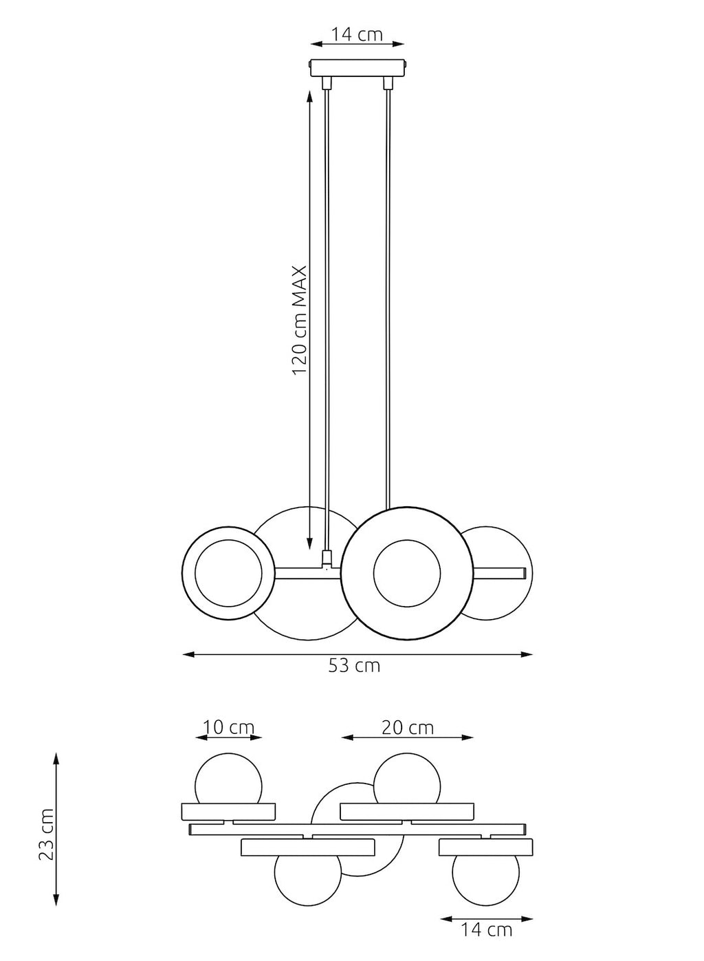 Hanglamp gepoedercoat staal minimalistisch Model 4 zwart met witte kappen, 53 x 23 cm, 4 lichtpunten, eettafel