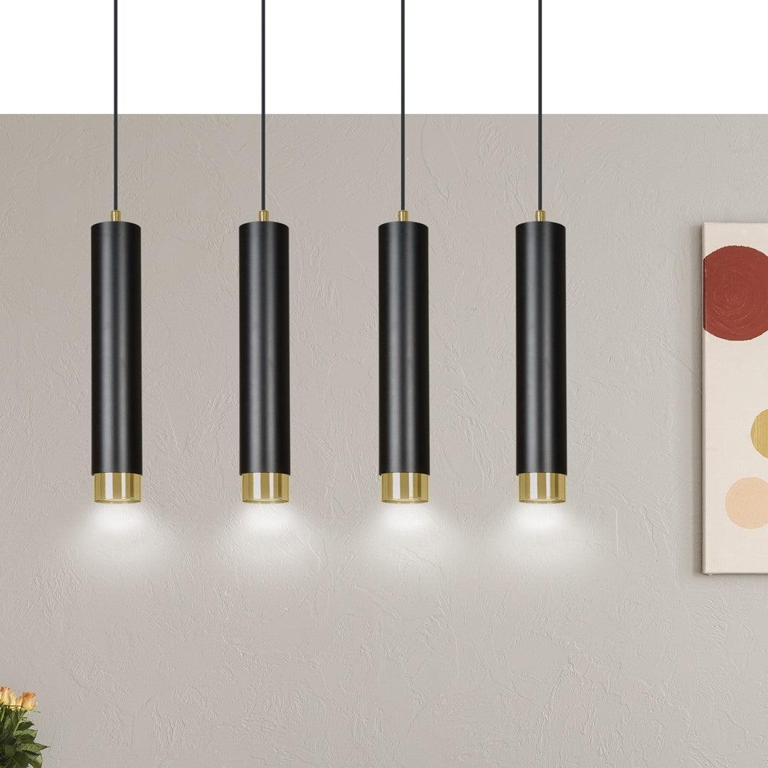 Hanglamp gepoedercoat staal Kibo, modern, zwart met goud, 4 lichts, 60 cm breed, voor woonkamer, keuken en thuiskantoor