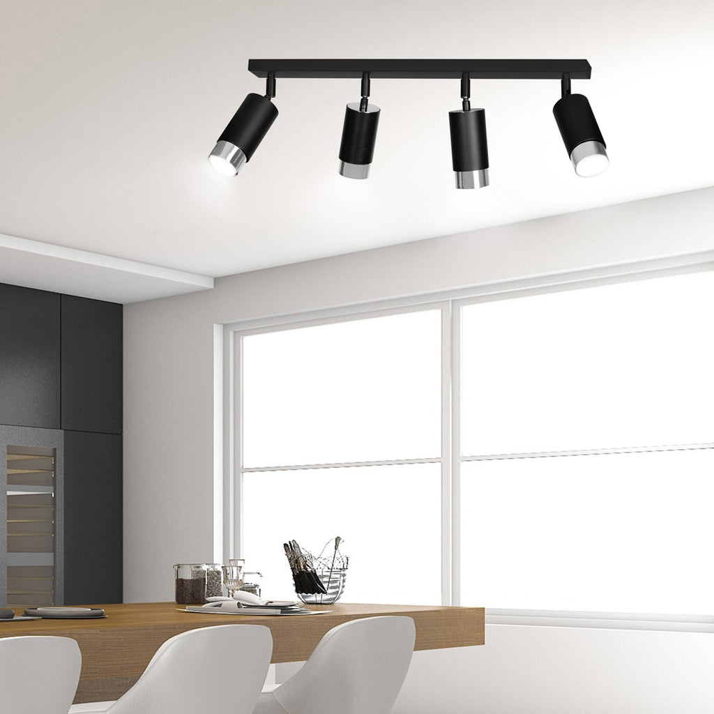 Plafondlamp gepoedercoat staal modern Hiro zwart zilver, 4 verstelbare spots, breedte 60 cm, voor hal en keuken