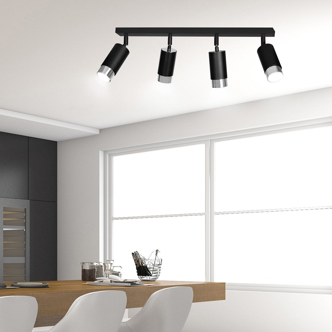 Plafondlamp gepoedercoat staal modern Hiro zwart zilver, 4 verstelbare spots, breedte 60 cm, voor hal en keuken