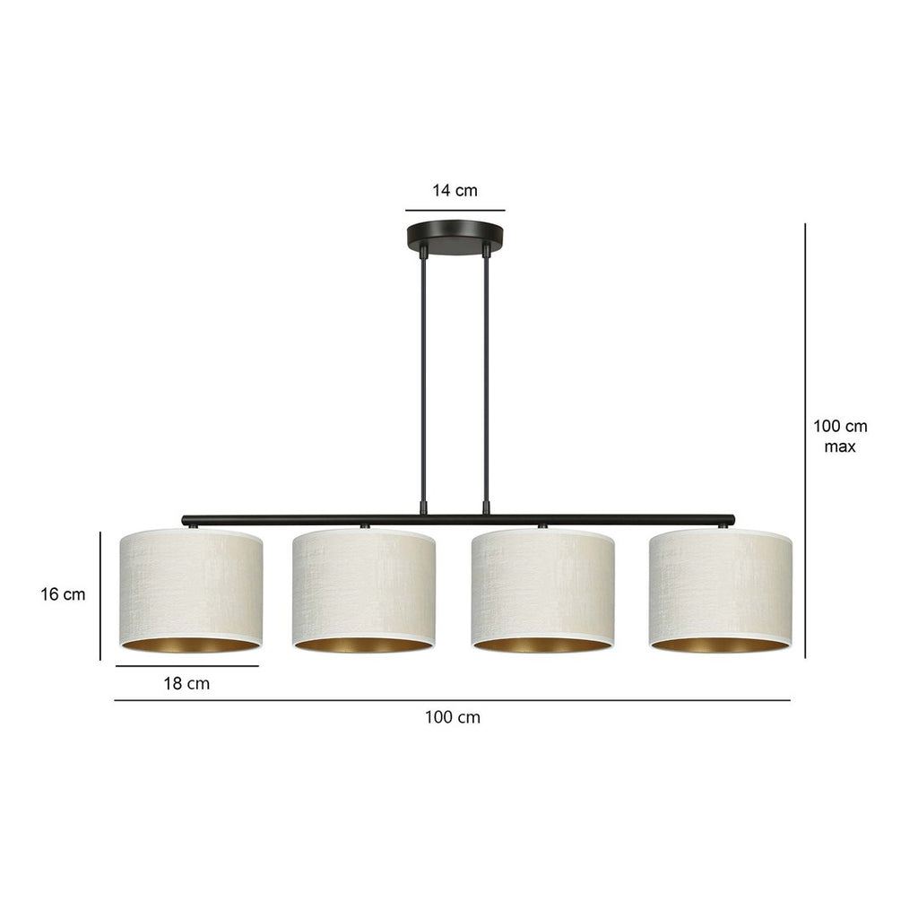 Hanglamp gepoedercoat staal Hilde 4 kappen, wit met goudkleurige binnenzijde, zwart frame, 97 x 100 cm, eetkamer
