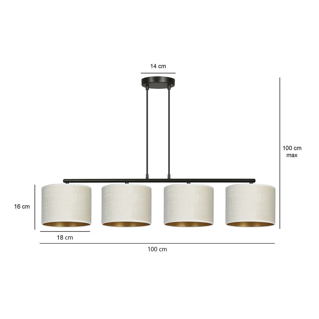 Hanglamp gepoedercoat staal Hilde 4 kappen, wit met goudkleurige binnenzijde, zwart frame, 97 x 100 cm, eetkamer