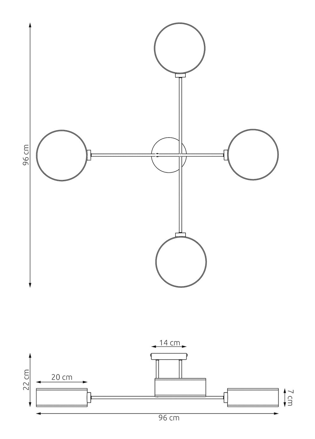 Plafondlamp gepoedercoat staal Japandi zwart en grijs, 4 lichtpunten 96 x 96 cm, voor woonkamer en slaapkamer