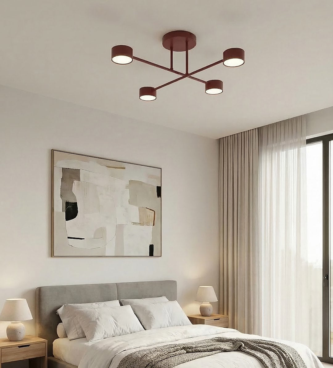 Plafondlamp gepoedercoat staal Halo modern bordeaux 4 lichts, 60 x 60 cm voor woonkamer en slaapkamer