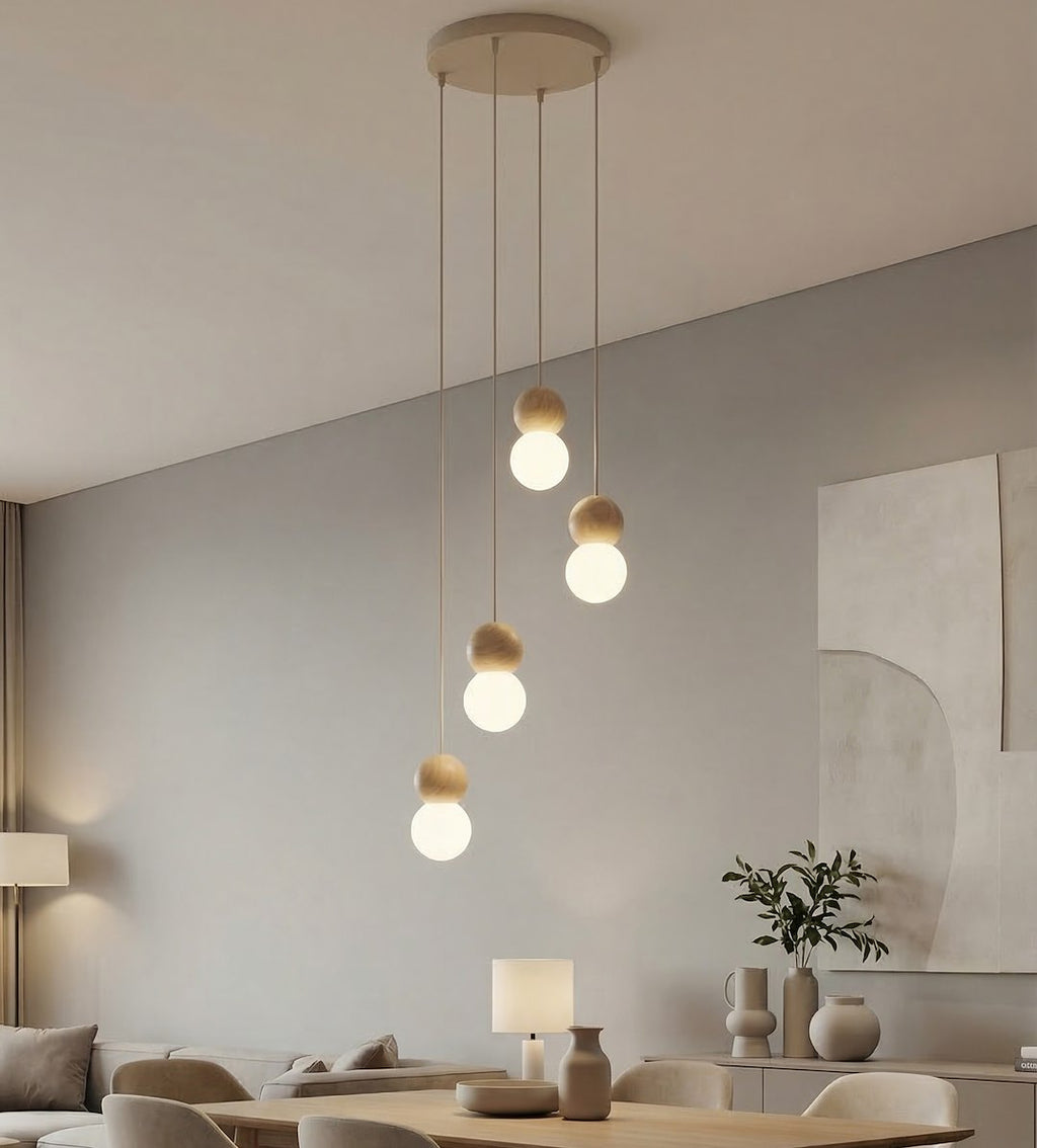 Hanglamp staal en hout Scandinavisch Loop beige, witte kappen, 4 lichts G9, verstelbare hoogte