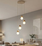 Hanglamp staal en hout Scandinavisch Loop beige, witte kappen, 4 lichts G9, verstelbare hoogte