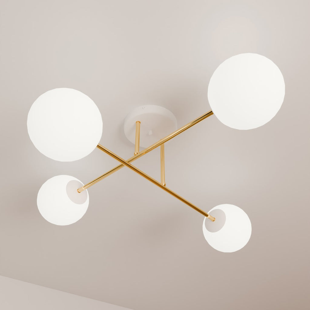 Plafondlamp gepoedercoat staal en glas Magnum, goud en wit, 4 lampen E14, 55 cm breed, woonkamer en eetkamer